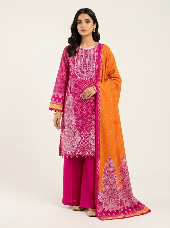 New Swizz Lawn Chunri Printed Stitched Three-Piece Collection (Magenta Pink & Warm Orange)