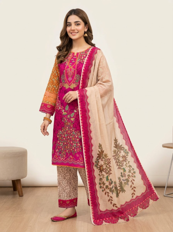 Exclusive Swizz Lawn Printed Stitched Three-Piece Collection (Magenta & Off-White Floral)