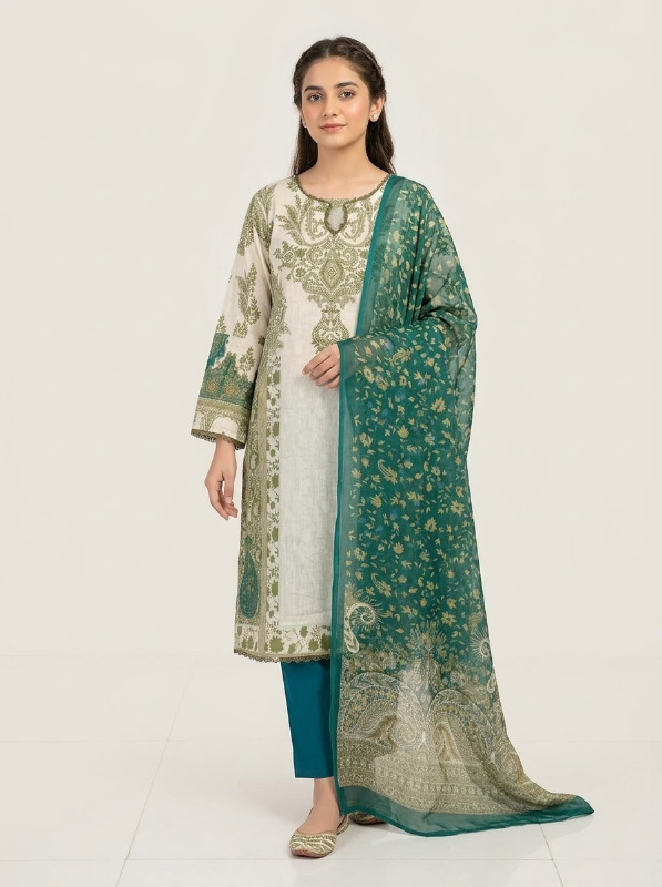 Exclusive Swizz Lawn Printed Stitched Three-Piece Collection (Olive Green & Teal)