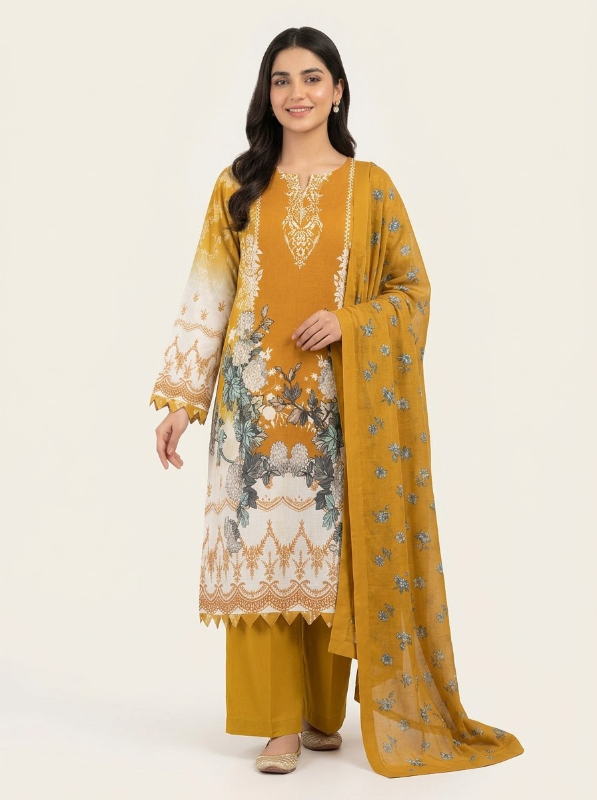 New Swizz Lawn All-Over Floral Printed Stitched Three-Piece Collection (Mustard Yellow & White)