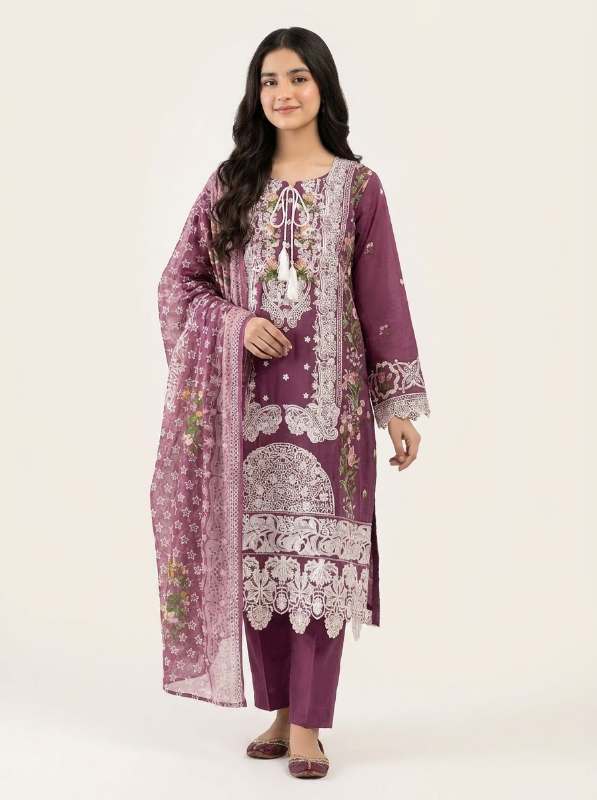 Pakistani-Inspired Embroidered Swizz Lawn Stitched Three-Piece Collection (Mauve / Deep Dusty Rose)