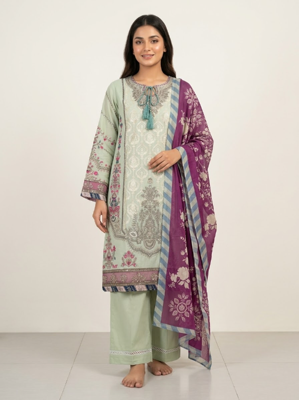 Pakistani-Inspired Embroidered Swizz Lawn Stitched Three-Piece Collection (Mint Green & Magenta)