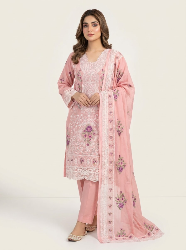 Exclusive Pakistani Inspired Swizz Lawn Stitched Three-Piece Collection (Peach Pink)