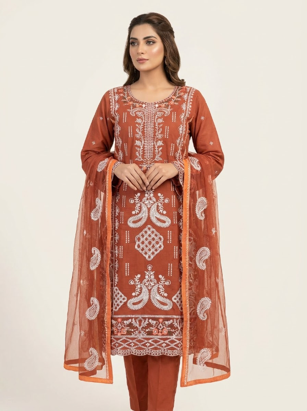 Exclusive Pakistani Inspired Swizz Lawn Stitched Three-Piece Collection (Rust Orange)