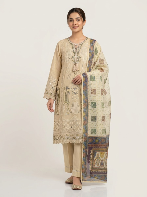 Exclusive Pakistani Inspired Swizz Lawn Stitched Three-Piece Collection (Light Cream & Royal Blue Dupatta)