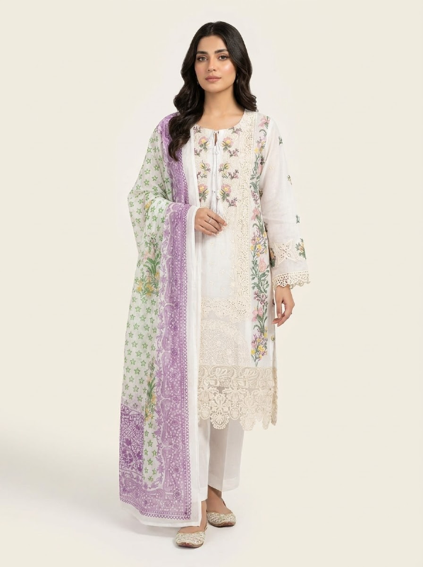 Exclusive Pakistani Inspired Swizz Lawn Stitched Three-Piece Collection (Off-White & Lavender)