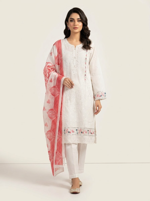 Exclusive Pakistani Inspired Swizz Lawn Stitched Three-Piece Collection (Pristine White & Pink Printed Dupatta)