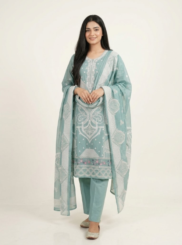 Exclusive Pakistani Inspired Swizz Lawn Stitched Three-Piece Collection ( Sea Green )