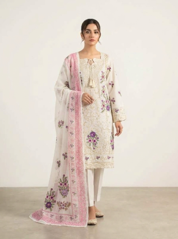 Exclusive Pakistani Inspired Swizz Lawn Stitched Three-Piece Collection (Off-White & Pink)