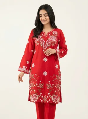 Embroidered Floral Swiss Lawn Cotton Co-Ord Set - Vibrant Red Base with Matching Red Pant