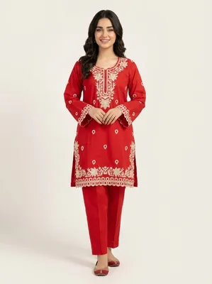 Embroidered Swiss Lawn Cotton Co-Ord Set - Rich Bright Red Base with Matching Red Pant