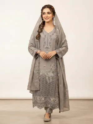 Pakistani-Inspired Embroidered Swiss Lawn Three-Piece Suit with Cutwork