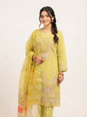 Pakistani-Inspired Floral Embroidered Swiss Cotton Three-Piece Collection