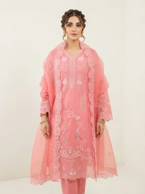 Pakistani-Inspired Tone-on-Tone Embroidered Swiss Lawn Three-Piece Suit - Pink, Mocha Brown, Sage Green, and Purple/Lavender