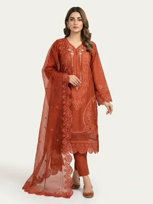 Pakistani-Inspired Embroidered Swizz Lawn Stitched Three-Piece Collection (Rust / Burnt Orange)