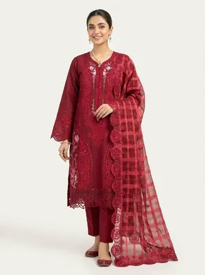 Pakistani-Inspired Embroidered Swizz Lawn Stitched Three-Piece Collection (Deep Maroon / Wine Red)
