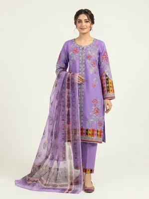 Pakistani-Inspired Embroidered Swizz Lawn Stitched Three-Piece Collection (Lavender Purple)