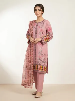 Pakistani-Inspired Embroidered Swizz Lawn Stitched Three-Piece Collection (Dusty Rose Pink)