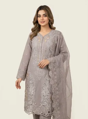 Pakistani-Inspired Embroidered Swizz Lawn Stitched Three-Piece Collection (Muted Mink / Taupe Gray)