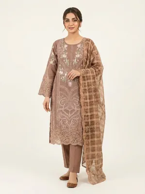 Pakistani-Inspired Embroidered Swizz Lawn Stitched Three-Piece Collection (Muted Coffee Brown / Taupe)