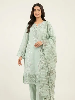Pakistani-Inspired Embroidered Swizz Lawn Stitched Three-Piece Collection (Mint Green / Pistachio)