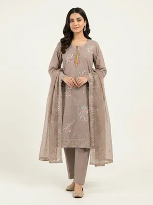 Pakistani-Inspired Embroidered Swizz Lawn Stitched Three-Piece Collection (Muted Mushroom / Taupe)