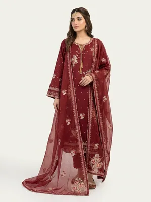Pakistani-Inspired Embroidered Swizz Lawn Stitched Three-Piece Collection (Deep Maroon / Crimson)