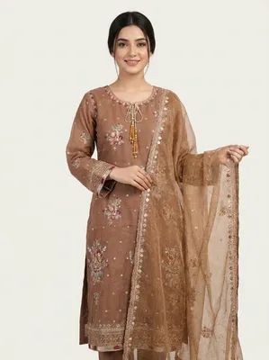 Pakistani-Inspired Embroidered Swizz Lawn Stitched Three-Piece Collection (Muted Mocha / Chestnut Brown)