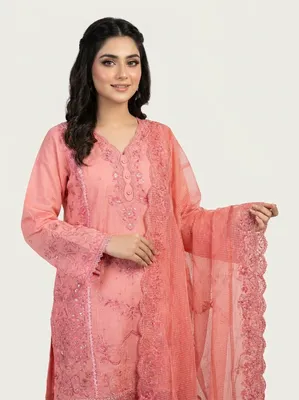 Pakistani-Inspired Embroidered Swizz Lawn Stitched Three-Piece Collection (Peach Pink / Coral)   