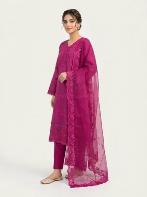 Pakistani-Inspired Embroidered Swizz Lawn Stitched Three-Piece Collection (Vibrant Magenta Pink)