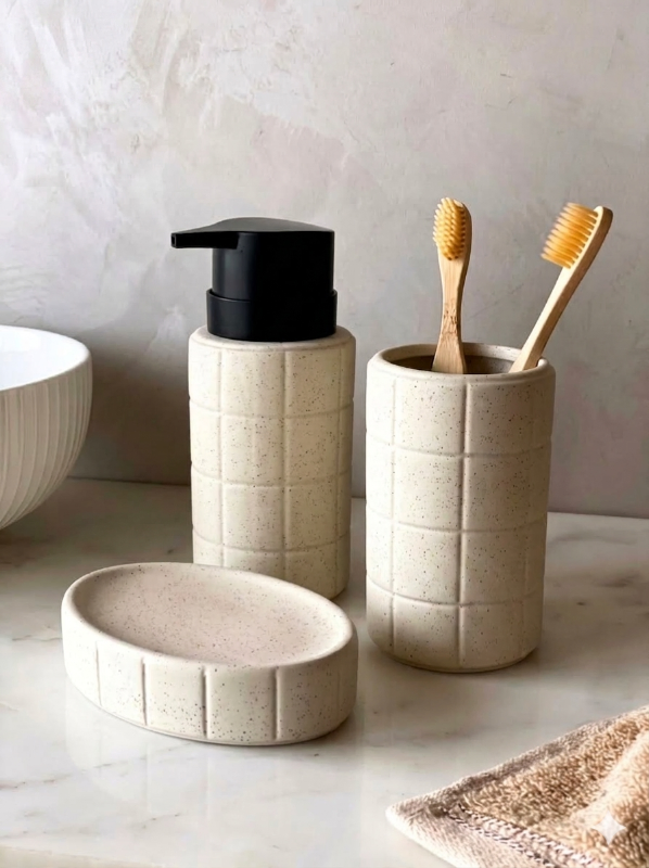  3-Piece Speckled Ceramic Bathroom Set – Soap Dispenser, Toothbrush Holder, Soap Dish