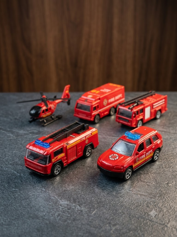 5-Piece Die-Cast Fire Rescue Vehicle Set with Helicopter – 1:64 Scale--OT