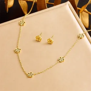 Minimalist Gold Cutout Floral Necklace and Stud Earrings Set