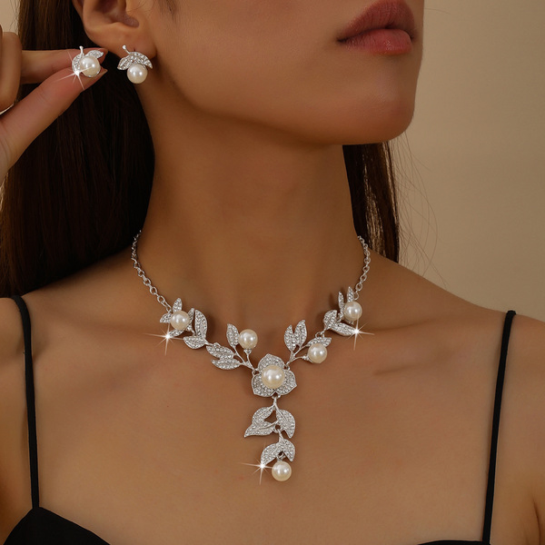 Silver Floral Vine Pearl and Crystal Necklace with Earring Set