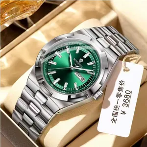 Silver Stainless Steel Watch with Green Sunburst Dial