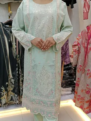 Pakistani Inspired Slub Cotton Dress with Panel & Boaring Work