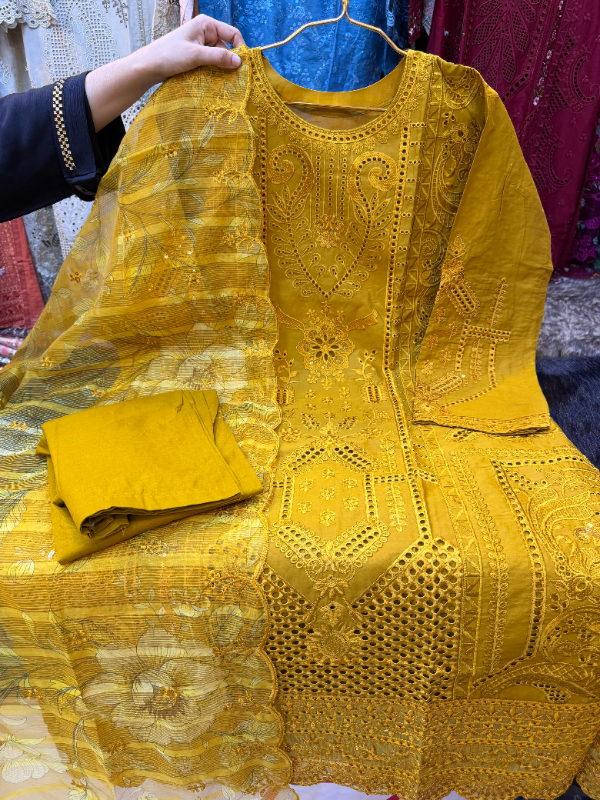 Swizz Cotton Festive Suit with Embroidered Quata Dupatta