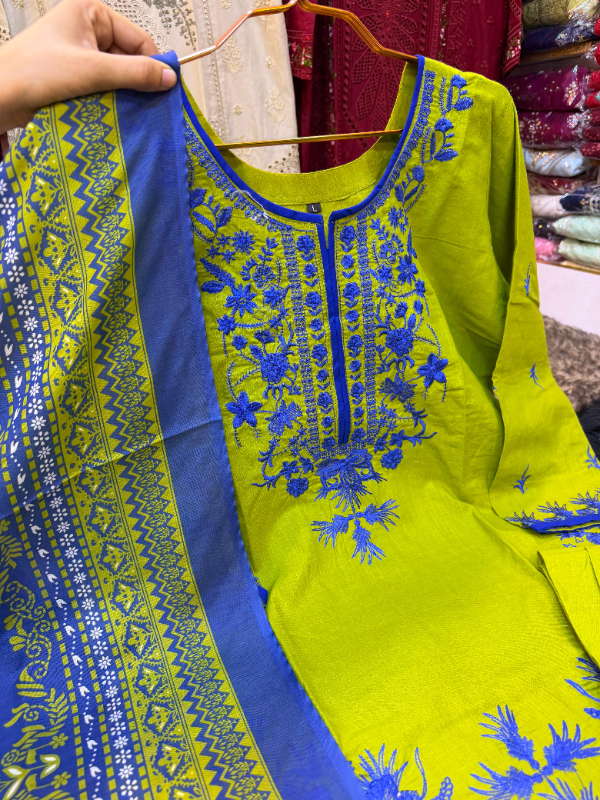 Pakistani Slub Cotton Long Suit with Printed Quata Dupatta