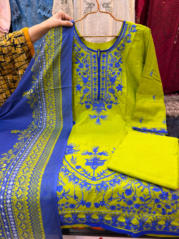 Pakistani Slub Cotton Long Suit with Printed Quata Dupatta