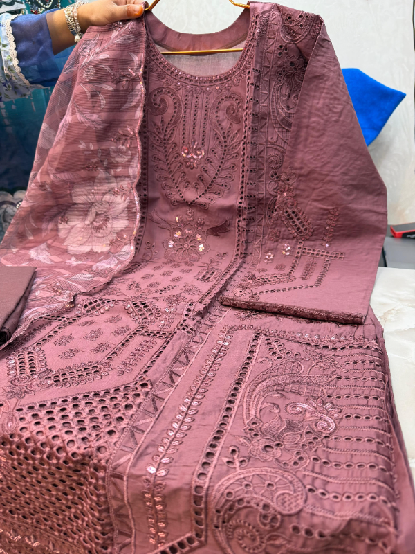 Pakistani Swizz Cotton Long Suit with Embroidered Quata Dupatta
