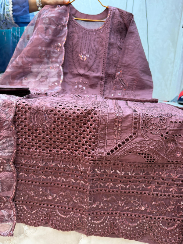 Pakistani Swizz Cotton Long Suit with Embroidered Quata Dupatta