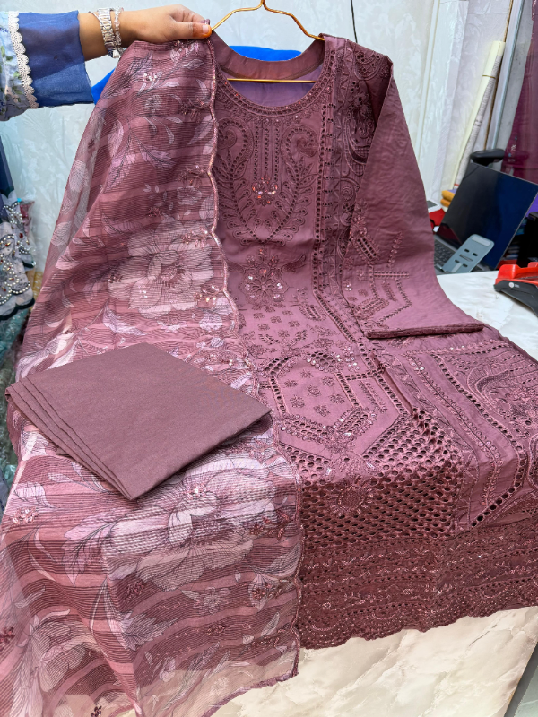 Pakistani Swizz Cotton Long Suit with Embroidered Quata Dupatta