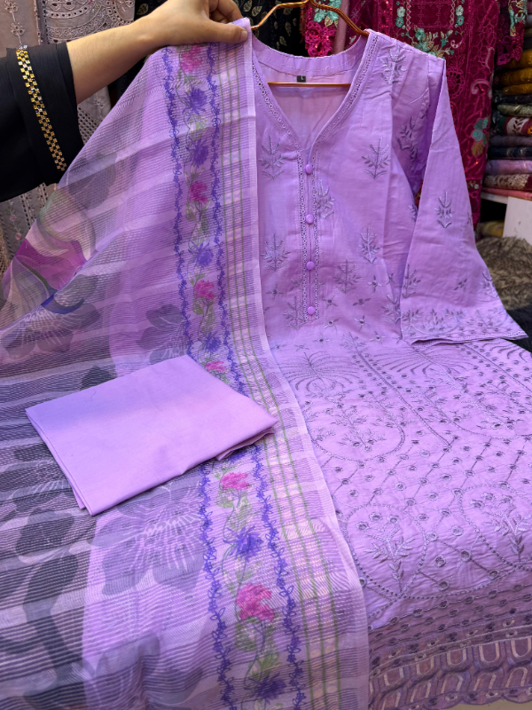 Long Swizz Cotton Ensemble with Printed Cotton Dupatta