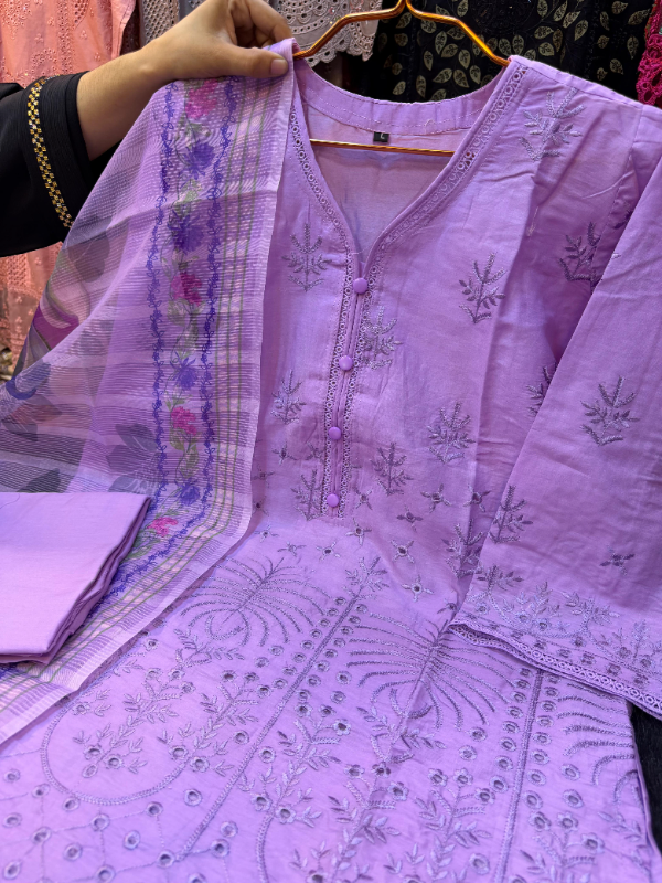 Long Swizz Cotton Ensemble with Printed Cotton Dupatta