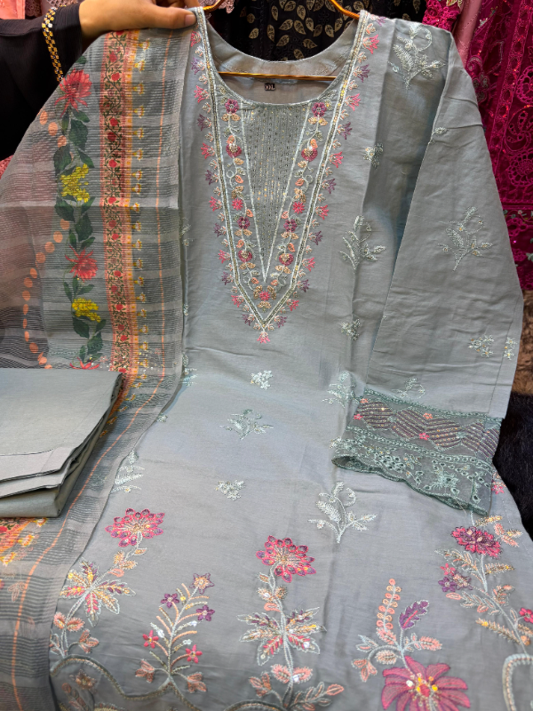 Pakistani Rayon Cotton Suit with Multicolor Thread Embroidery