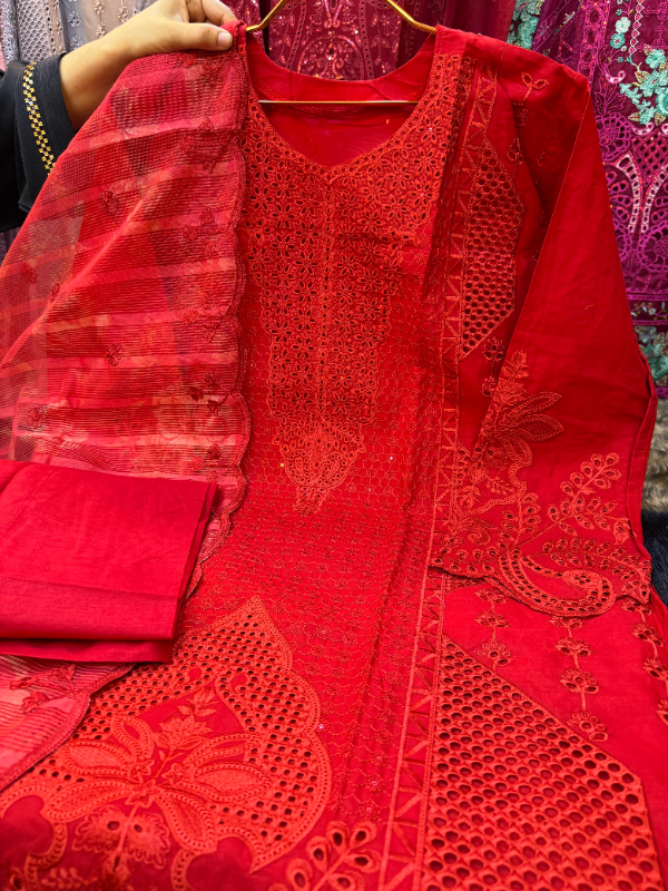 Pakistani Swizz Cotton Designer Suit with Quata Dupatta