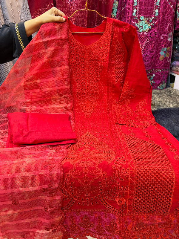 Pakistani Swizz Cotton Designer Suit with Quata Dupatta