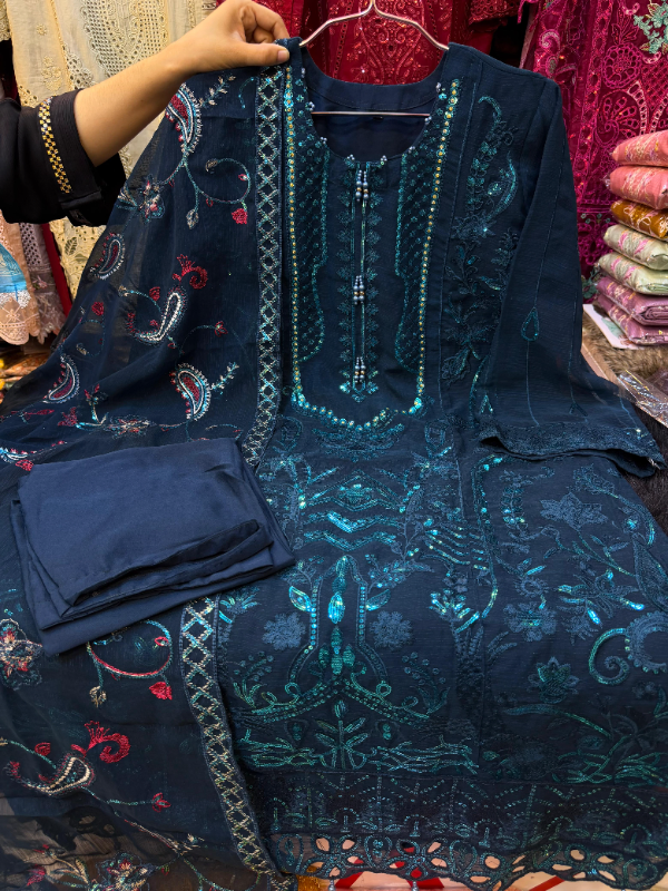 Premium White Gold Ensemble with 3D & Purl Work