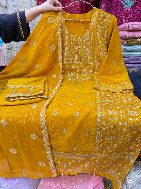 Festive White Gold Dress with Embellished Dupatta