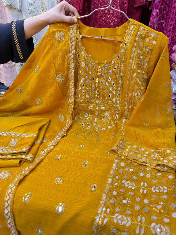 Festive White Gold Dress with Embellished Dupatta